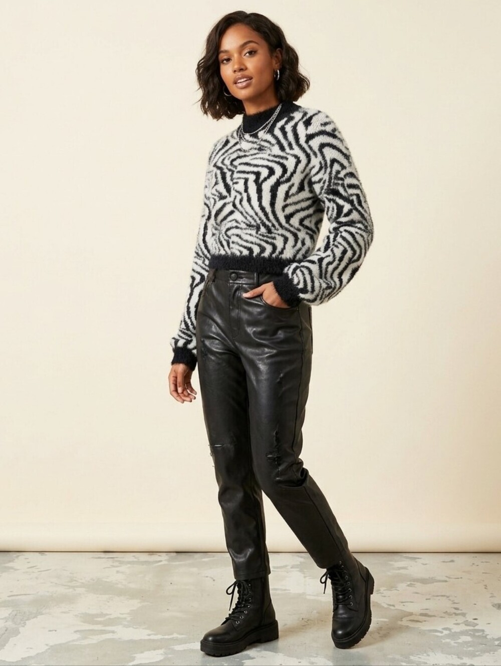 Wednesday's Girl Fuzzy Zebra Print Mock Neck Cropped Sweater XS Y2K